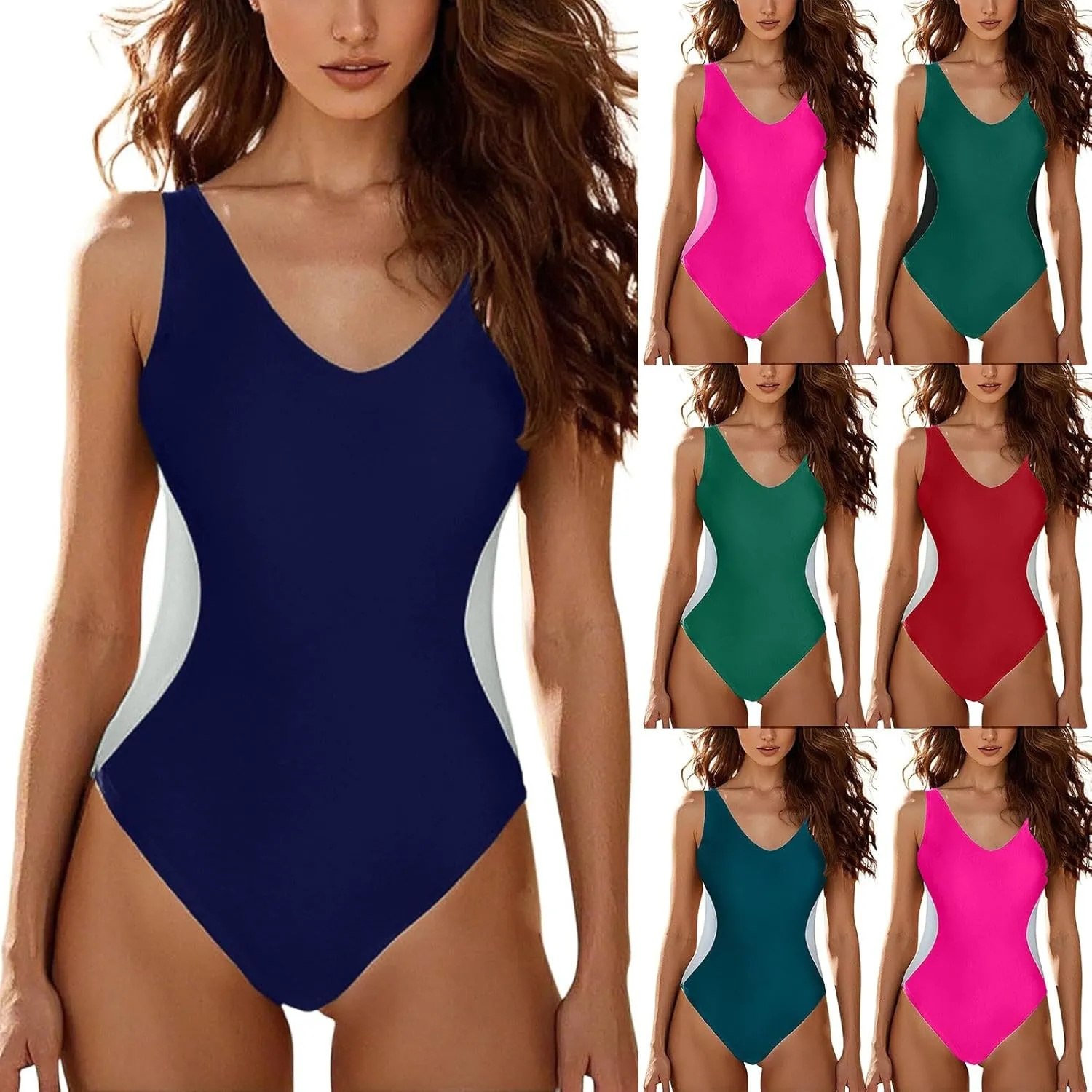 Women's Deep V-Neck Slimming One-Piece Swimsuit with Tummy Control Adjustable Straps & Color Block Waistline Swimwear