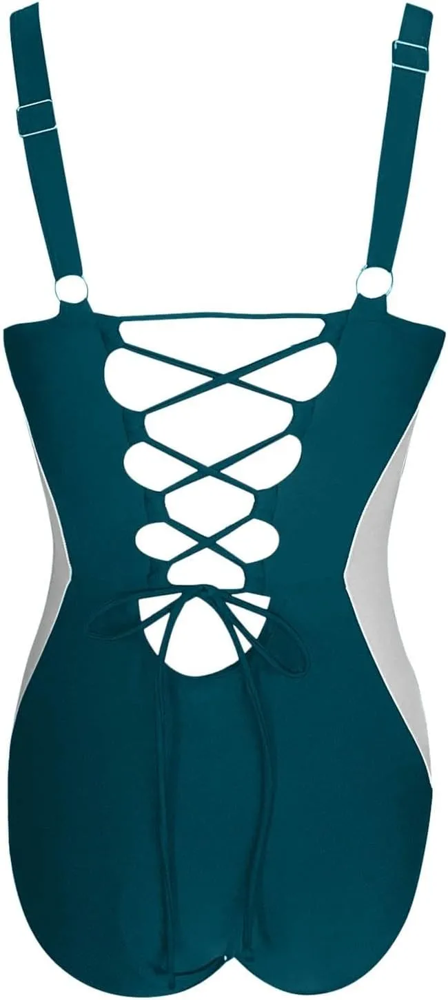 Women's Deep V-Neck Slimming One-Piece Swimsuit with Tummy Control Adjustable Straps & Color Block Waistline Swimwear