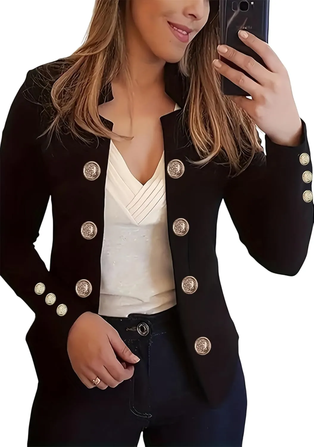 Women's Double Breasted Slim Fit Blazers Notch Lapel Work Office Suits Casual Open Front Blazer