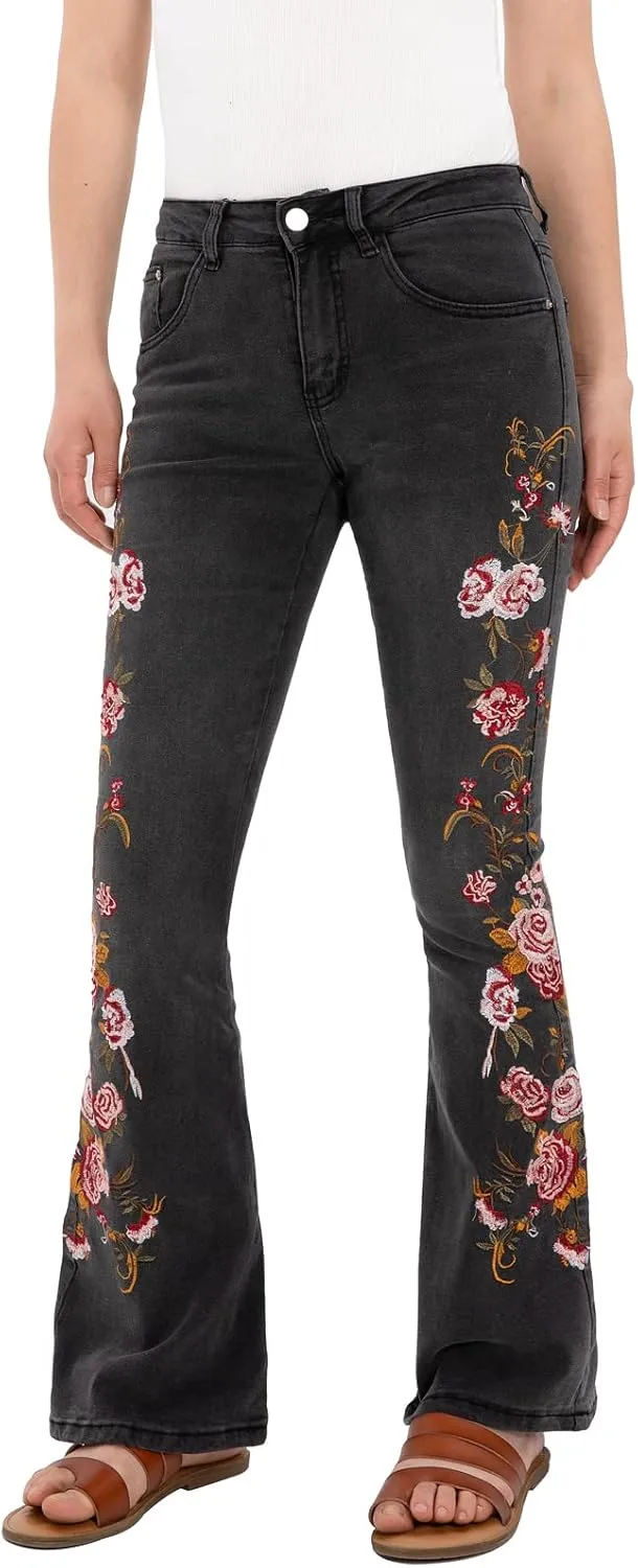 Women's Embroidered Bell Bottom Jeans Stretch Flared Fit Wide Leg Denim Pants