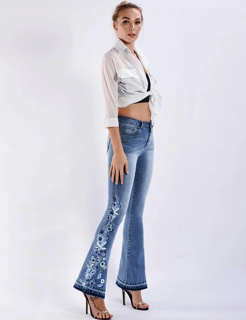 Women's Embroidered Bell Bottom Jeans Stretch Flared Fit Wide Leg Denim Pants