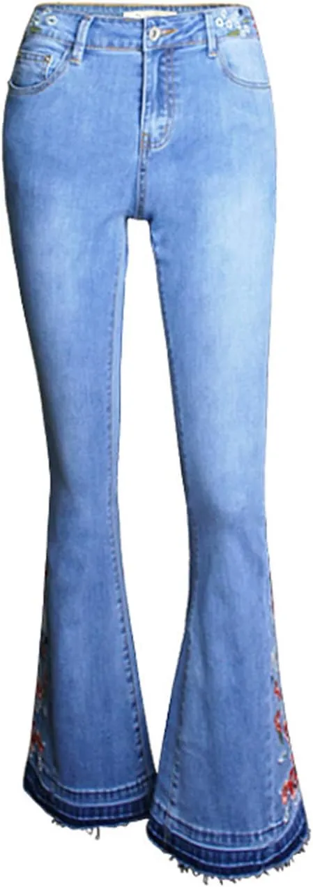 Women's Embroidered Bell Bottom Jeans Stretch Flared Fit Wide Leg Denim Pants