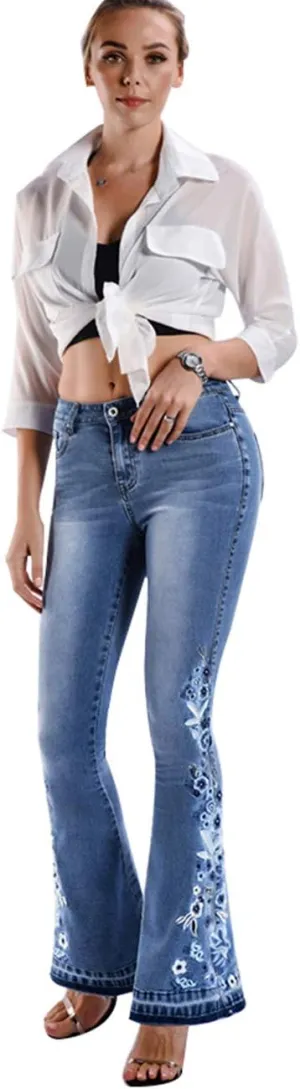 Women's Embroidered Bell Bottom Jeans Stretch Flared Fit Wide Leg Denim Pants