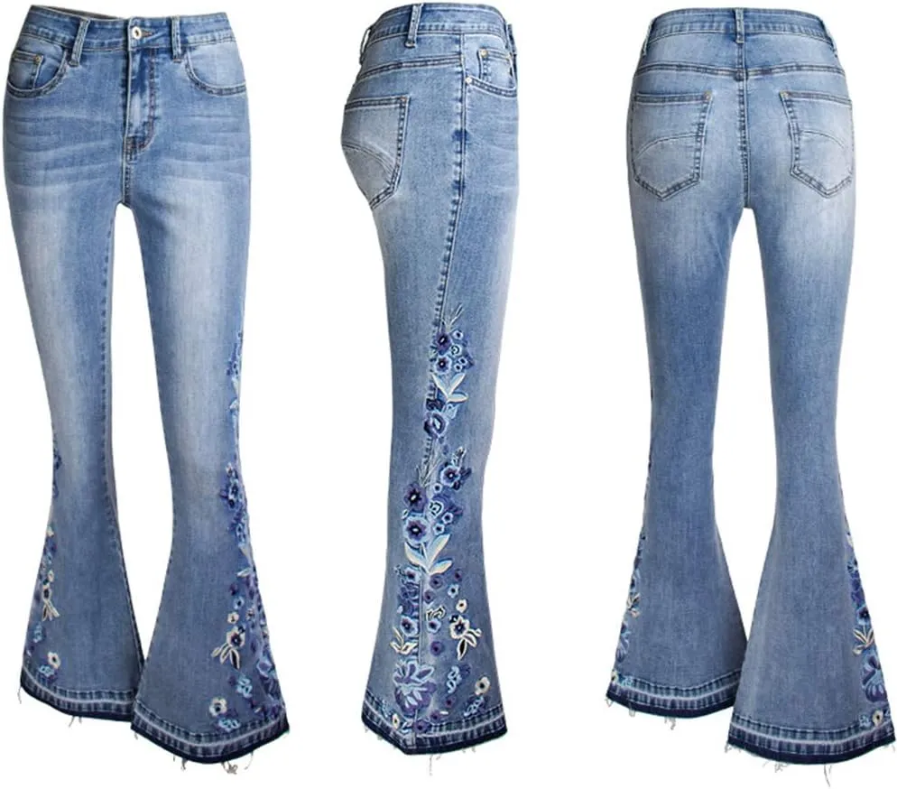 Women's Embroidered Bell Bottom Jeans Stretch Flared Fit Wide Leg Denim Pants