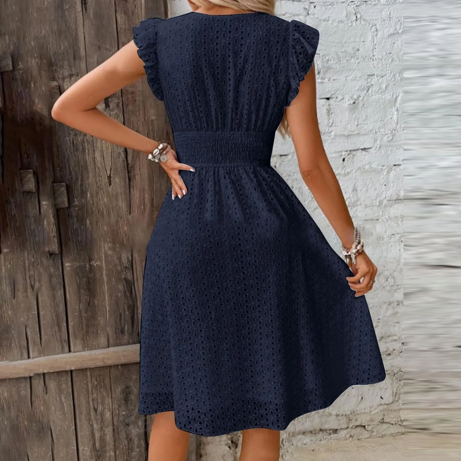 Women's Eyelet Embroidered Midi Dress Empire Waist Wrap V Neck A Line Dress Elegant Flutter Sleeve Long Dress