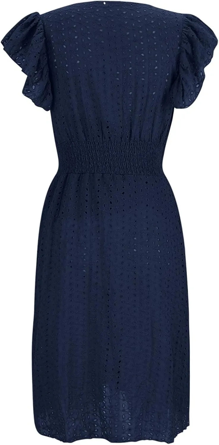 Women's Eyelet Embroidered Midi Dress Empire Waist Wrap V Neck A Line Dress Elegant Flutter Sleeve Long Dress