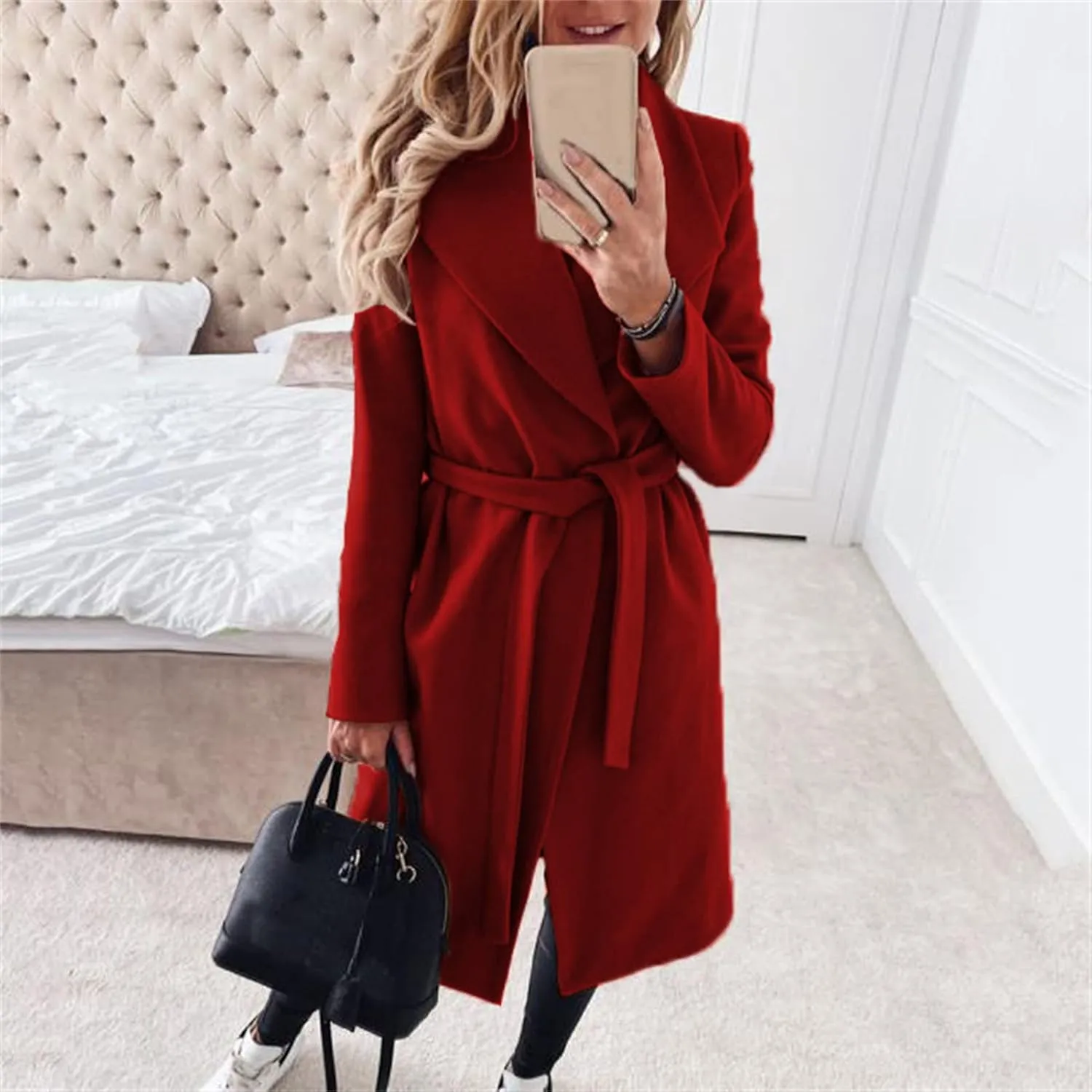 Women's Fashion Strap Lapel Solid Wool Coat Classic Slim Overcoat Faux Wool Coat Notch Mid Long Trench Coat