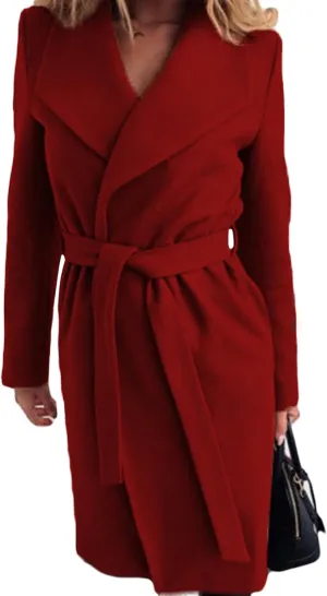 Women's Fashion Strap Lapel Solid Wool Coat Classic Slim Overcoat Faux Wool Coat Notch Mid Long Trench Coat
