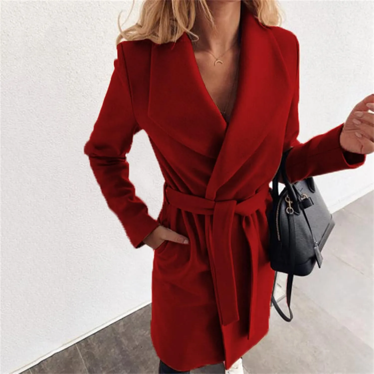 Women's Fashion Strap Lapel Solid Wool Coat Classic Slim Overcoat Faux Wool Coat Notch Mid Long Trench Coat