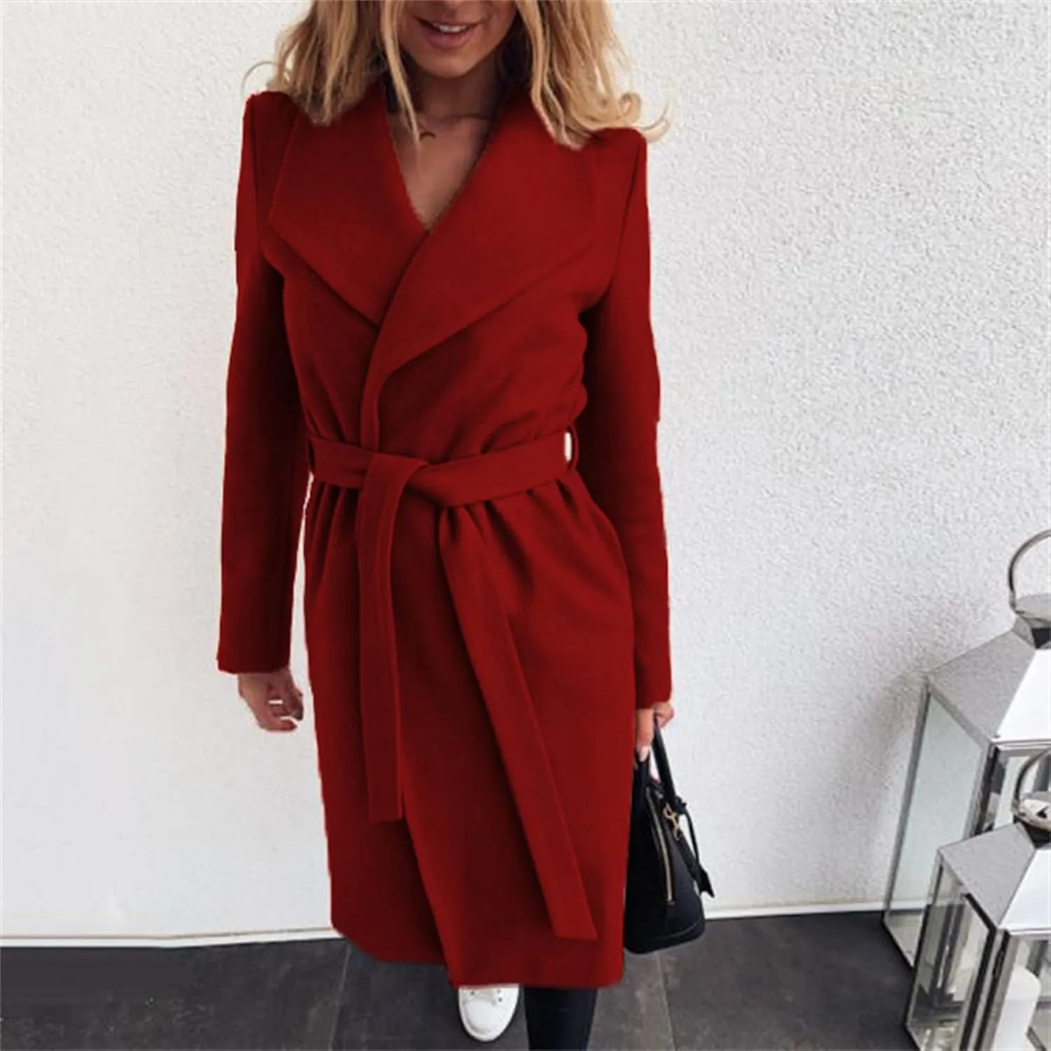 Women's Fashion Strap Lapel Solid Wool Coat Classic Slim Overcoat Faux Wool Coat Notch Mid Long Trench Coat