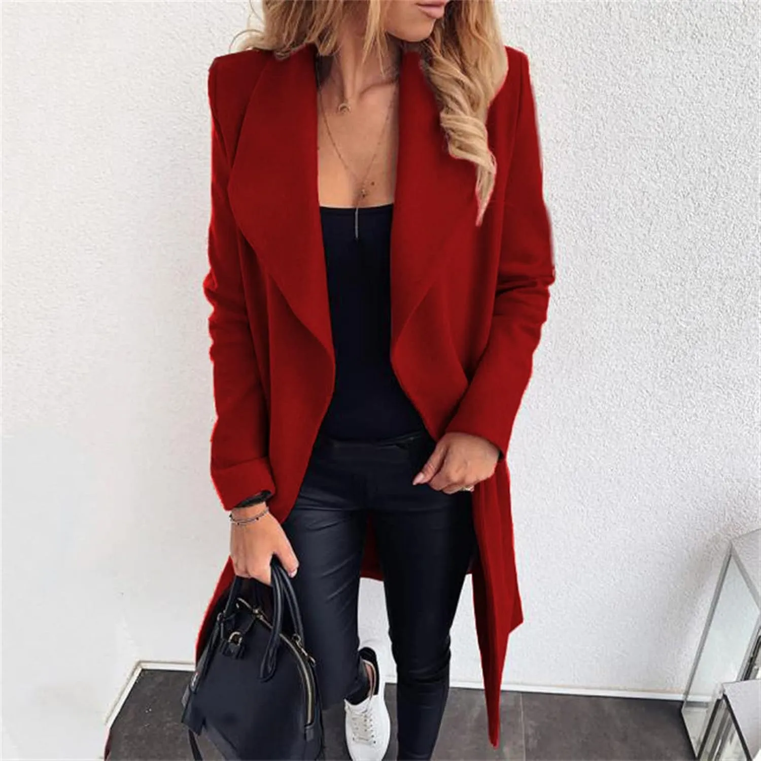 Women's Fashion Strap Lapel Solid Wool Coat Classic Slim Overcoat Faux Wool Coat Notch Mid Long Trench Coat