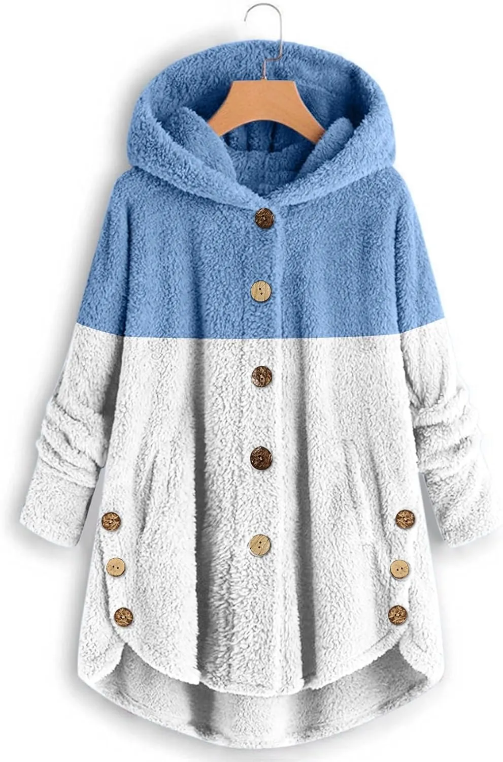 Women's Fuzzy Jackets Fashion Stitching Loose Hoodies Long Sleeve Plush Button Coat Fur Jackets, S-5XL