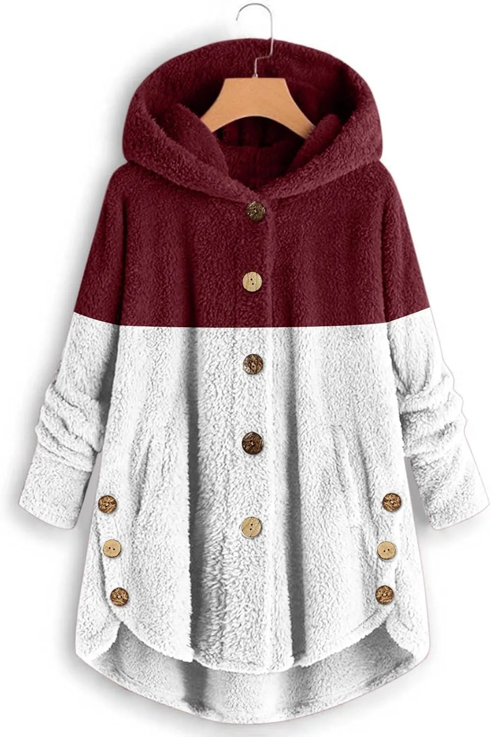Women's Fuzzy Jackets Fashion Stitching Loose Hoodies Long Sleeve Plush Button Coat Fur Jackets, S-5XL