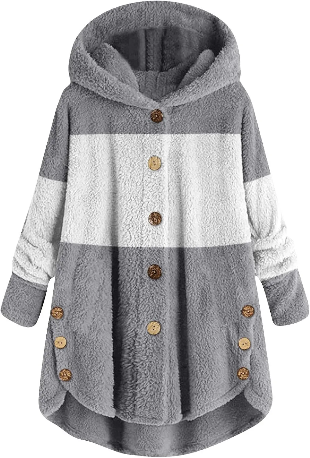 Women's Fuzzy Jackets Fashion Stitching Loose Hoodies Long Sleeve Plush Button Coat Fur Jackets, S-5XL