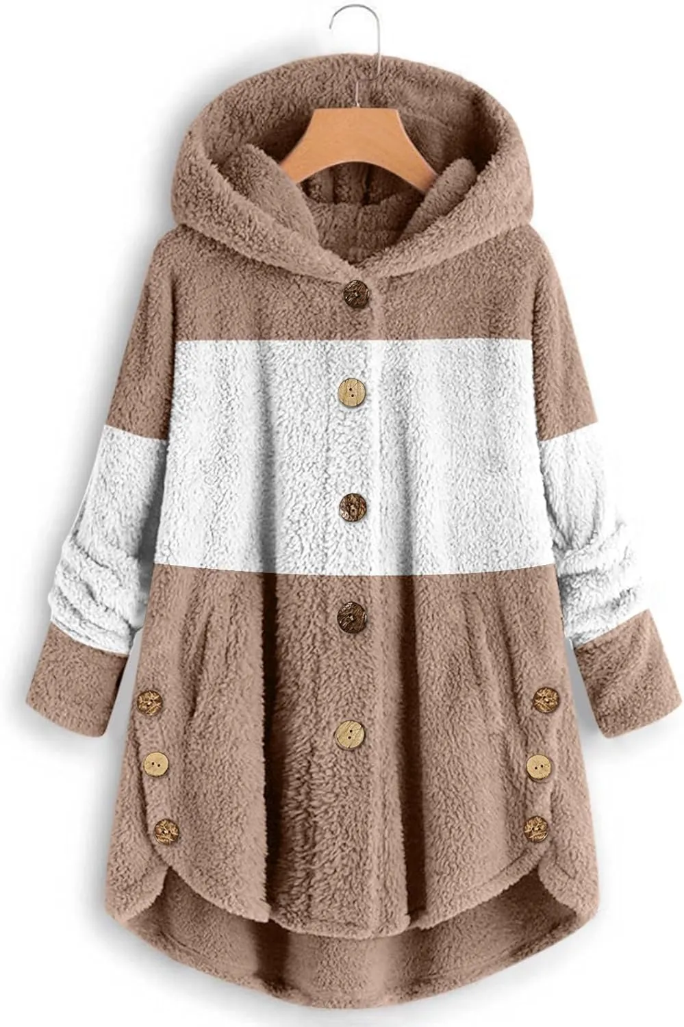 Women's Fuzzy Jackets Fashion Stitching Loose Hoodies Long Sleeve Plush Button Coat Fur Jackets, S-5XL