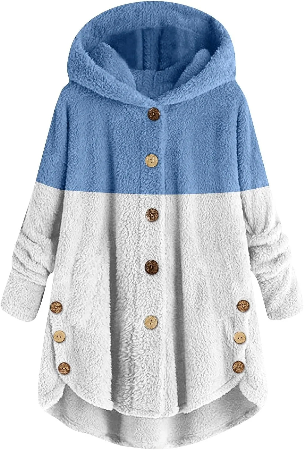 Women's Fuzzy Jackets Fashion Stitching Loose Hoodies Long Sleeve Plush Button Coat Fur Jackets, S-5XL