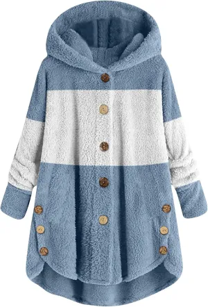 Women's Fuzzy Jackets Fashion Stitching Loose Hoodies Long Sleeve Plush Button Coat Fur Jackets, S-5XL