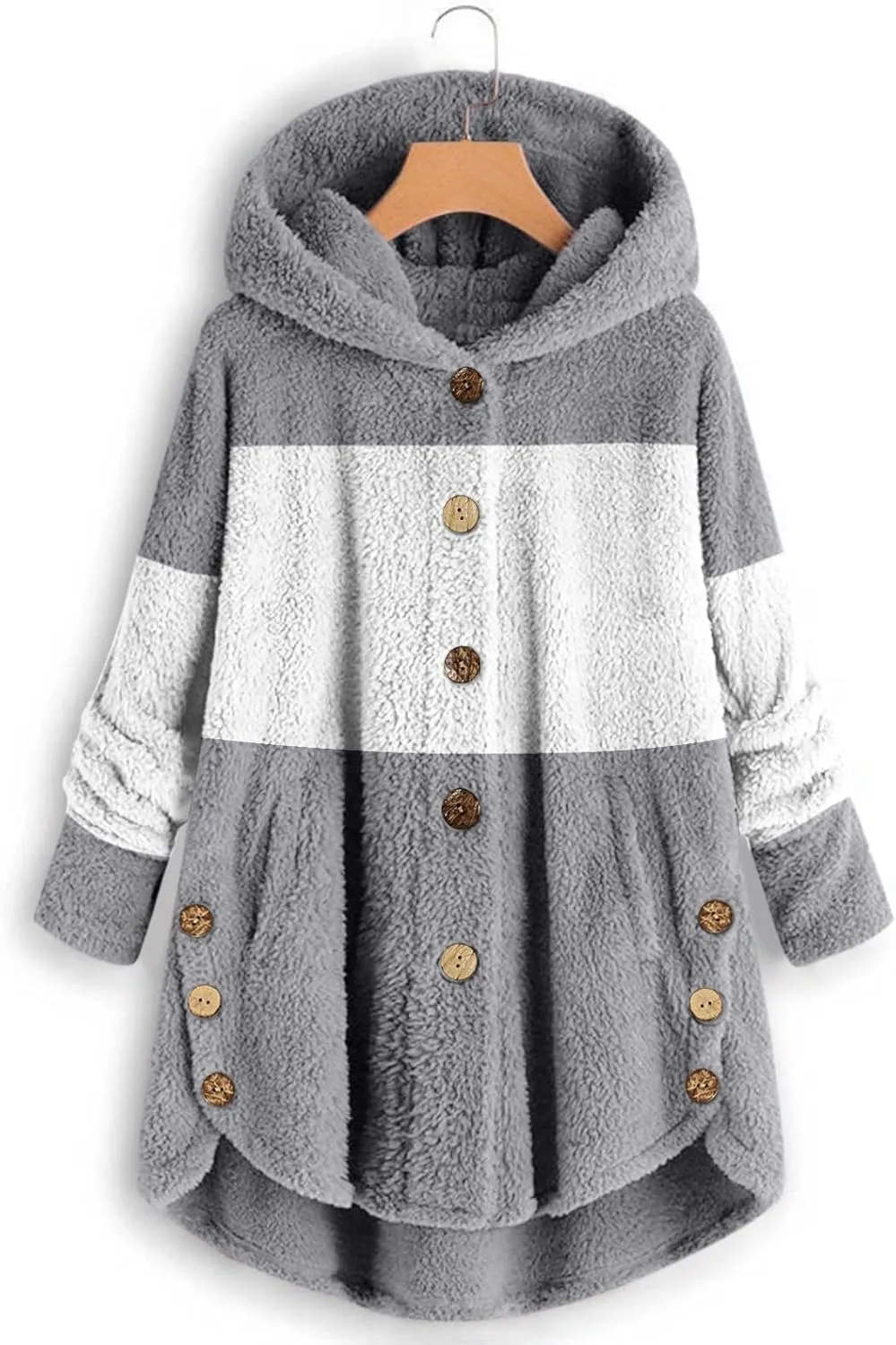 Women's Fuzzy Jackets Fashion Stitching Loose Hoodies Long Sleeve Plush Button Coat Fur Jackets, S-5XL