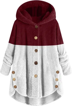 Women's Fuzzy Jackets Fashion Stitching Loose Hoodies Long Sleeve Plush Button Coat Fur Jackets, S-5XL