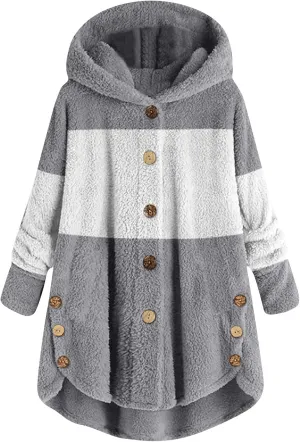 Women's Fuzzy Jackets Fashion Stitching Loose Hoodies Long Sleeve Plush Button Coat Fur Jackets, S-5XL