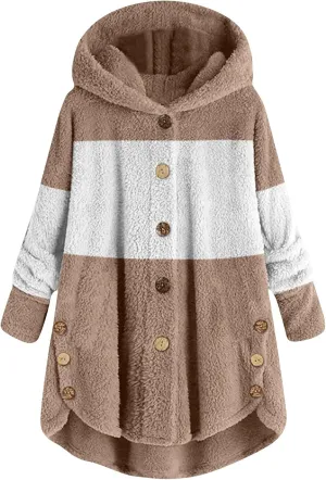 Women's Fuzzy Jackets Fashion Stitching Loose Hoodies Long Sleeve Plush Button Coat Fur Jackets, S-5XL