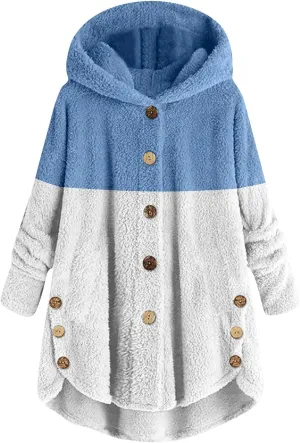 Women's Fuzzy Jackets Fashion Stitching Loose Hoodies Long Sleeve Plush Button Coat Fur Jackets, S-5XL
