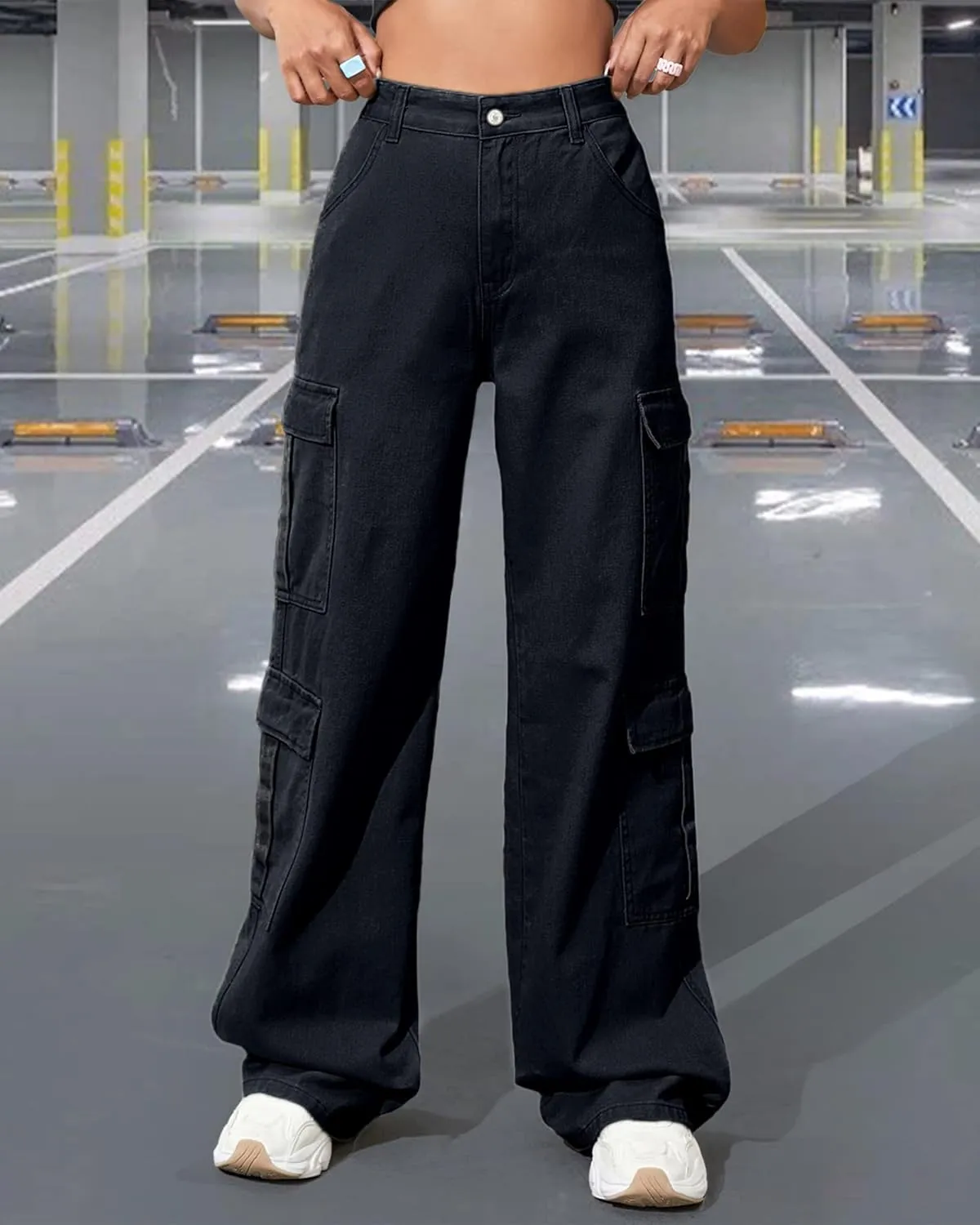 Women's High Waist Baggy Cargo Jeans Flap Pocket Y2K Streetwear Wide Leg Denim Pants