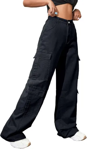 Women's High Waist Baggy Cargo Jeans Flap Pocket Y2K Streetwear Wide Leg Denim Pants