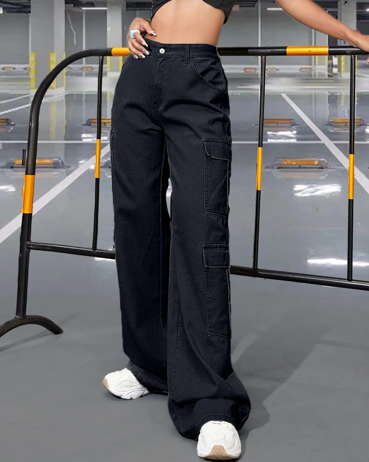 Women's High Waist Baggy Cargo Jeans Flap Pocket Y2K Streetwear Wide Leg Denim Pants