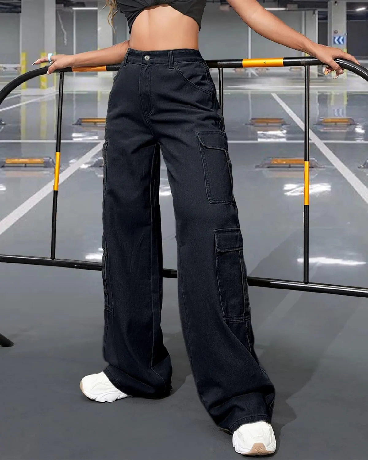 Women's High Waist Baggy Cargo Jeans Flap Pocket Y2K Streetwear Wide Leg Denim Pants