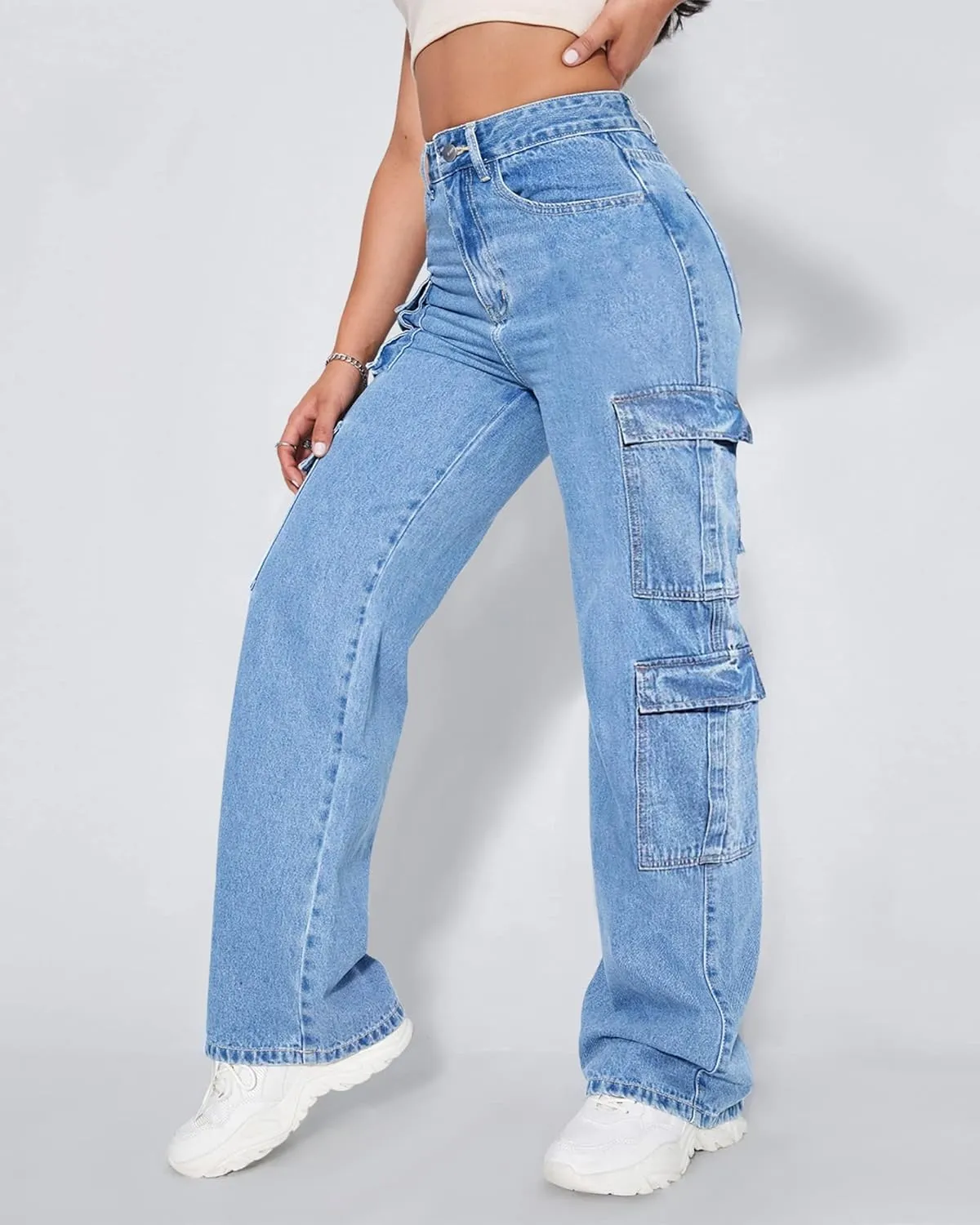 Women's High Waist Baggy Cargo Jeans Flap Pocket Y2K Streetwear Wide Leg Denim Pants