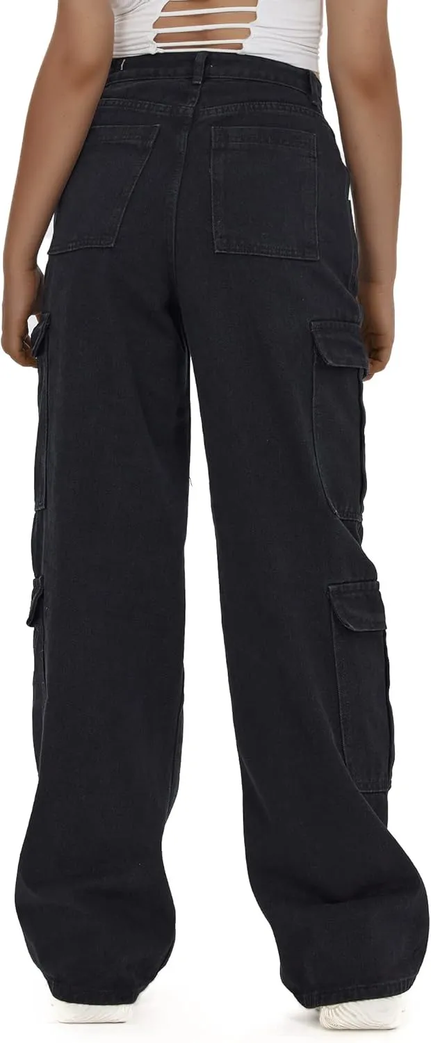 Women's High Waist Baggy Cargo Jeans Flap Pocket Y2K Streetwear Wide Leg Denim Pants