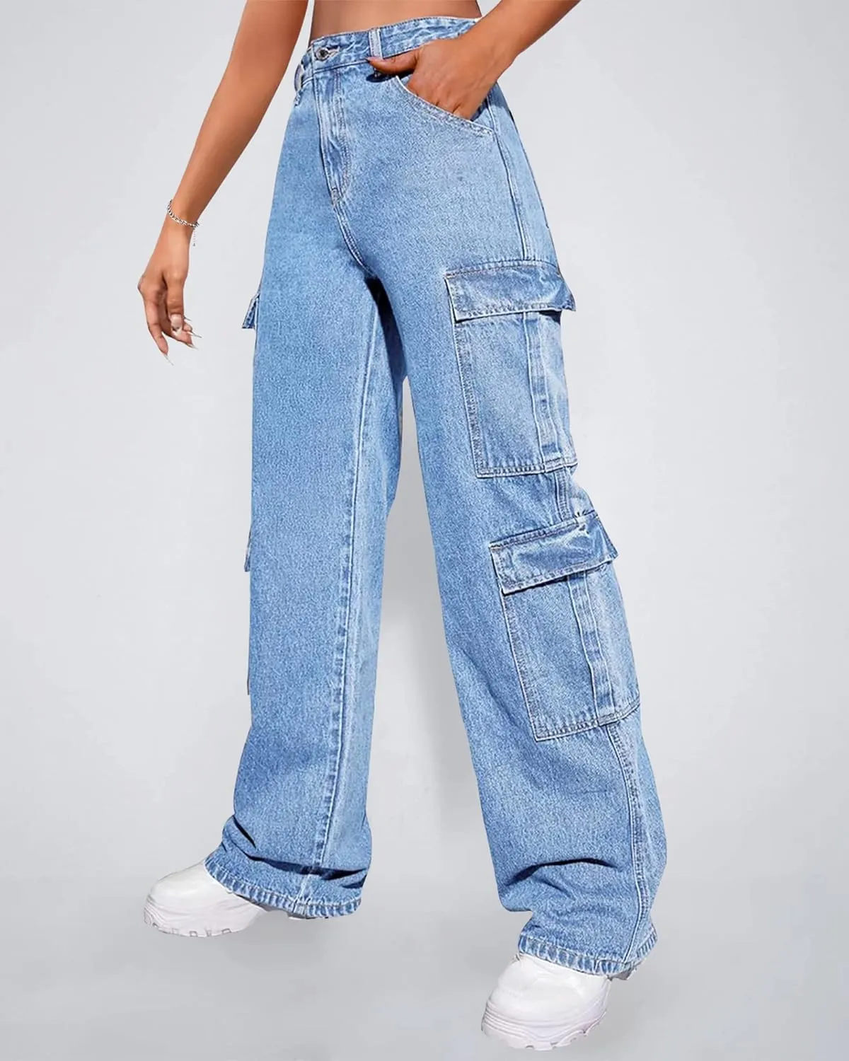 Women's High Waist Baggy Cargo Jeans Flap Pocket Y2K Streetwear Wide Leg Denim Pants