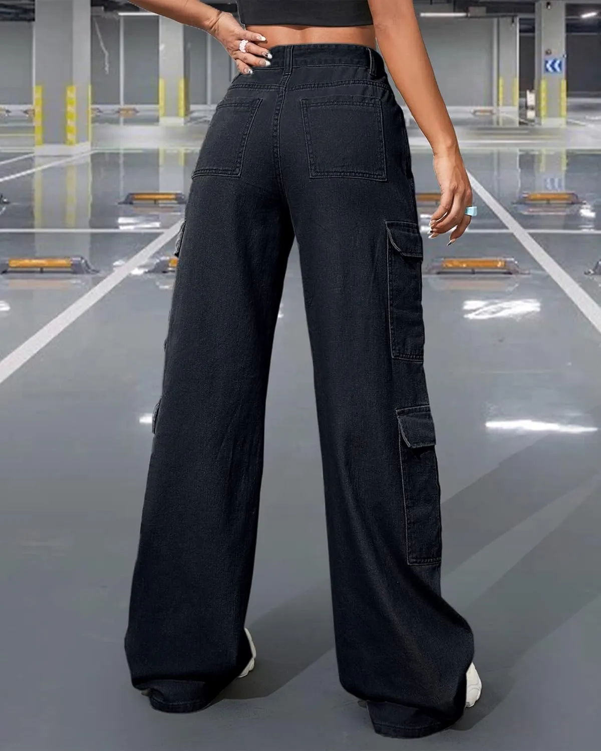 Women's High Waist Baggy Cargo Jeans Flap Pocket Y2K Streetwear Wide Leg Denim Pants