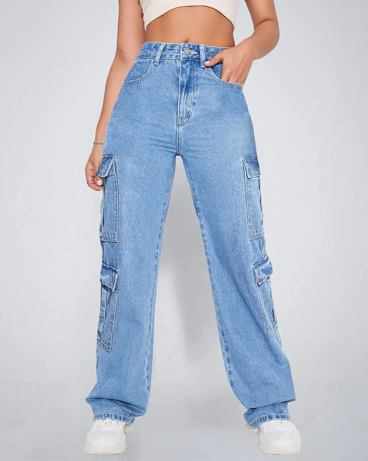 Women's High Waist Baggy Cargo Jeans Flap Pocket Y2K Streetwear Wide Leg Denim Pants