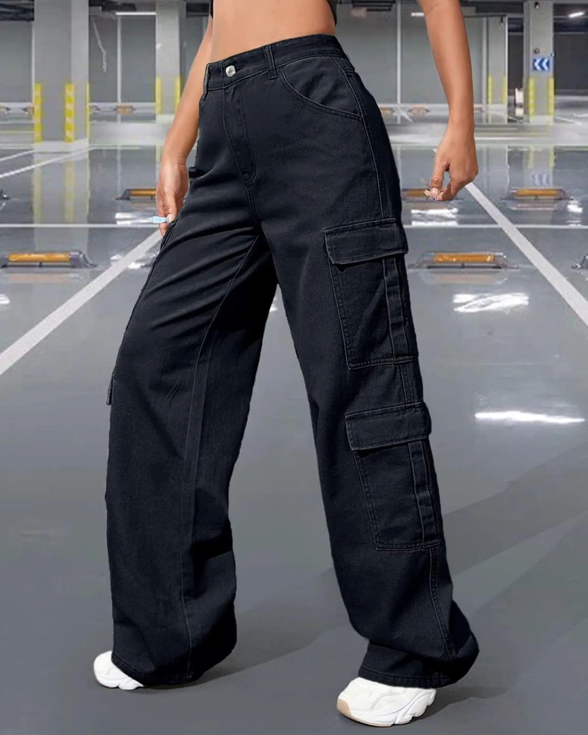 Women's High Waist Baggy Cargo Jeans Flap Pocket Y2K Streetwear Wide Leg Denim Pants