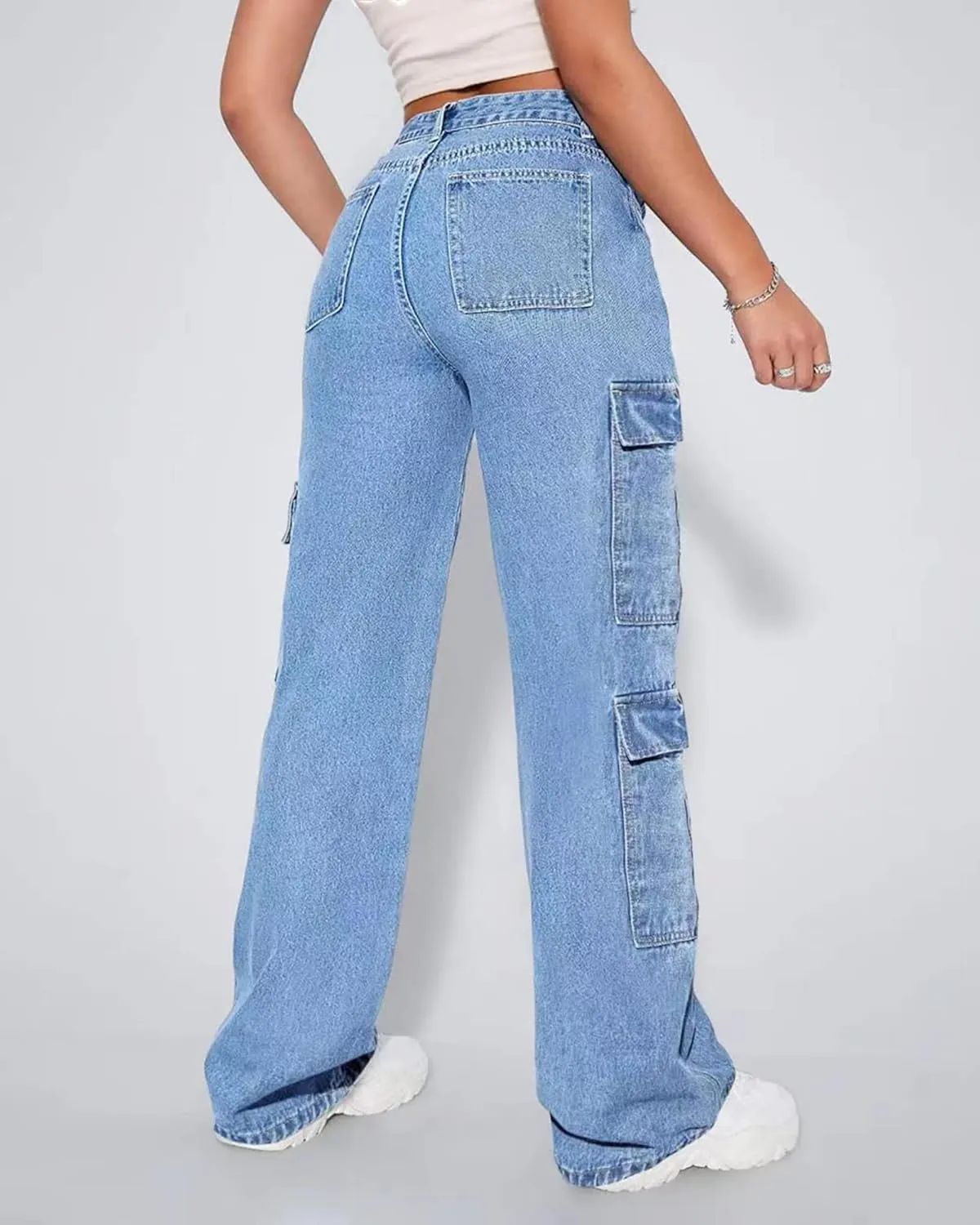 Women's High Waist Baggy Cargo Jeans Flap Pocket Y2K Streetwear Wide Leg Denim Pants