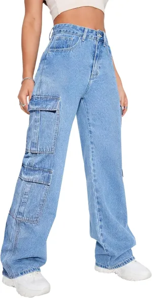 Women's High Waist Baggy Cargo Jeans Flap Pocket Y2K Streetwear Wide Leg Denim Pants