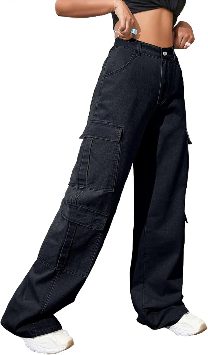 Women's High Waist Baggy Cargo Jeans Flap Pocket Y2K Streetwear Wide Leg Denim Pants