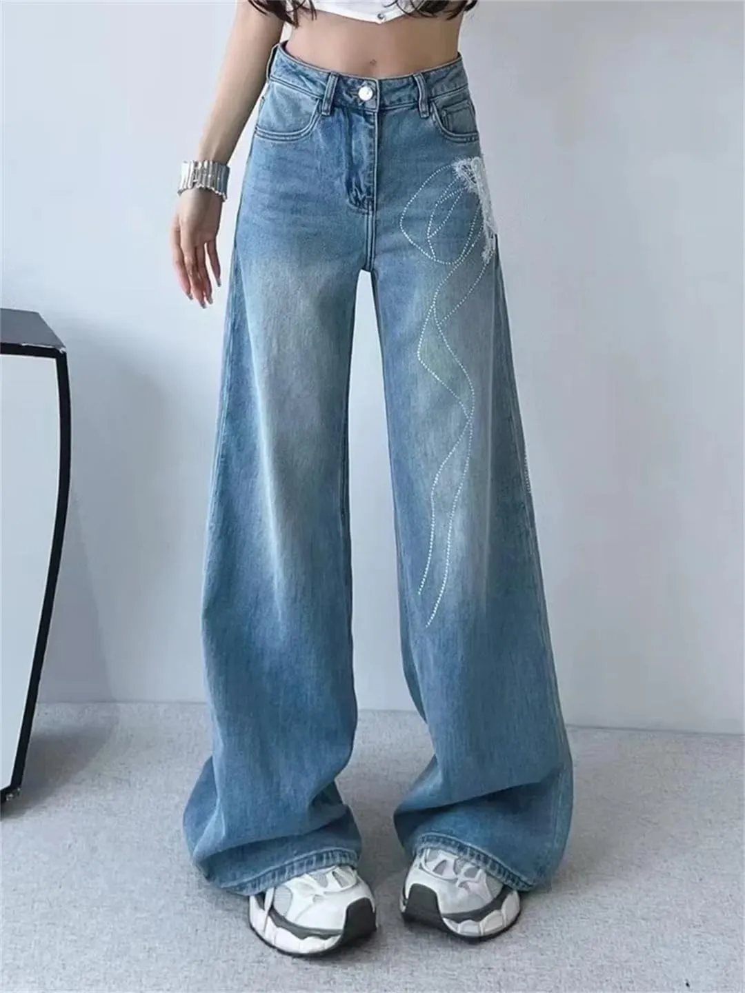 Women's Jeans Bowpattern Diamonds White Butterfly High Waist Straight Wide Leg Denim Pants