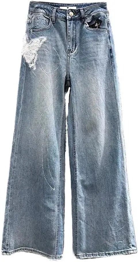 Women's Jeans Bowpattern Diamonds White Butterfly High Waist Straight Wide Leg Denim Pants