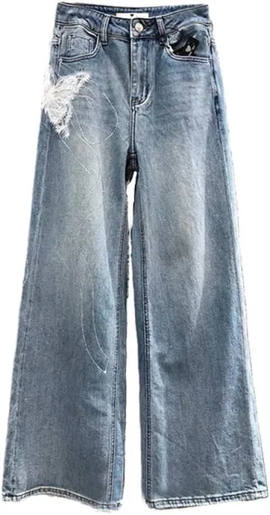 Women's Jeans Bowpattern Diamonds White Butterfly High Waist Straight Wide Leg Denim Pants