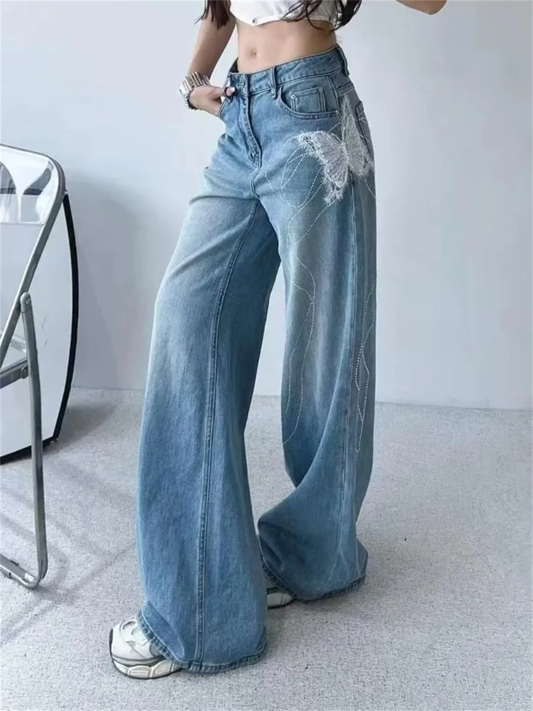 Women's Jeans Bowpattern Diamonds White Butterfly High Waist Straight Wide Leg Denim Pants