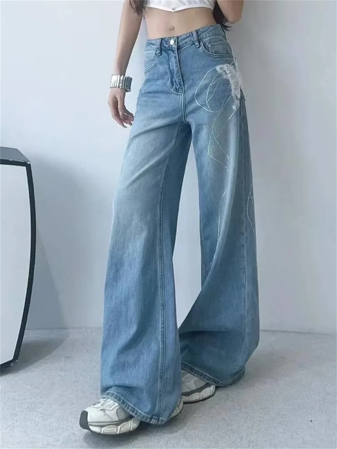 Women's Jeans Bowpattern Diamonds White Butterfly High Waist Straight Wide Leg Denim Pants