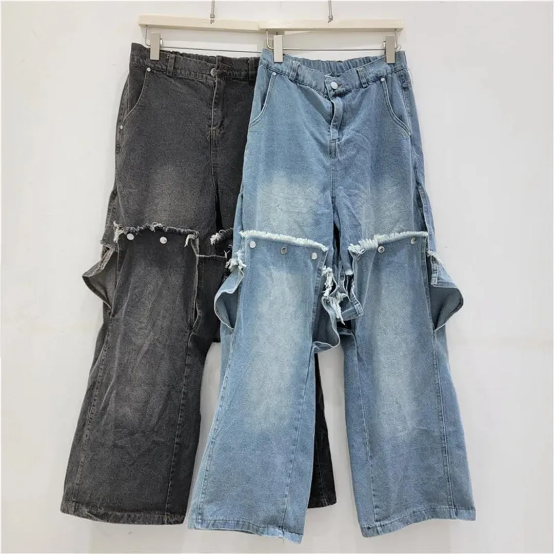 Women's Jeans Detachable Button Splicing Split High Waist Straight Wide Leg Denim Pants