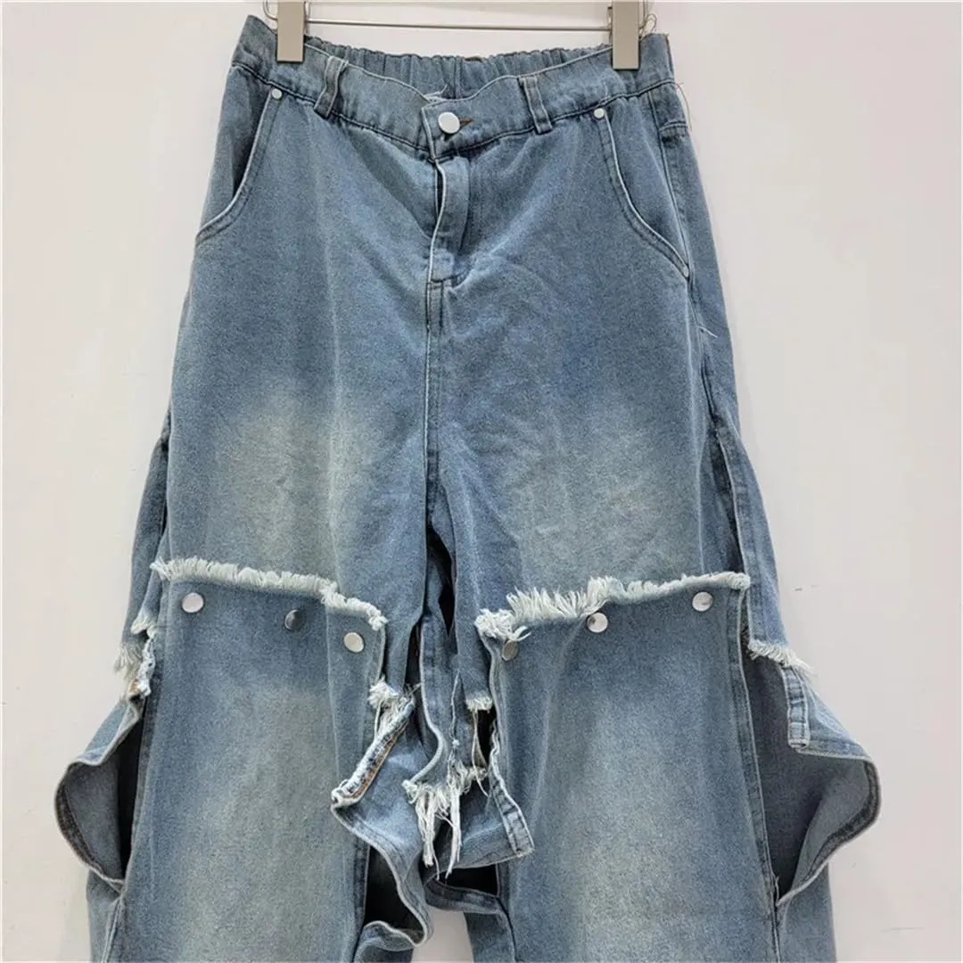 Women's Jeans Detachable Button Splicing Split High Waist Straight Wide Leg Denim Pants