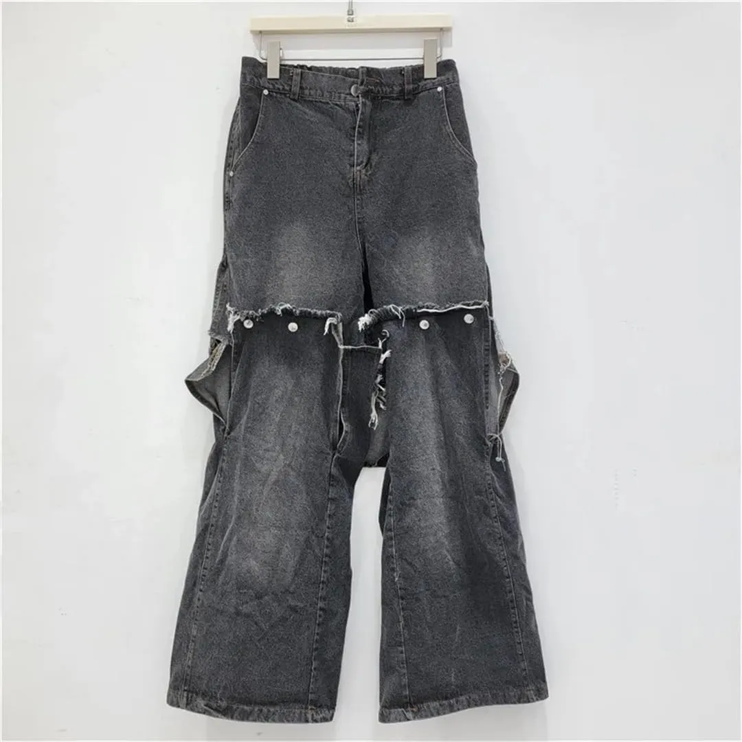 Women's Jeans Detachable Button Splicing Split High Waist Straight Wide Leg Denim Pants