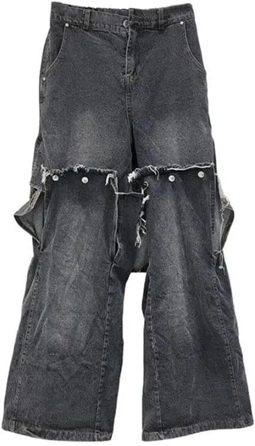 Women's Jeans Detachable Button Splicing Split High Waist Straight Wide Leg Denim Pants
