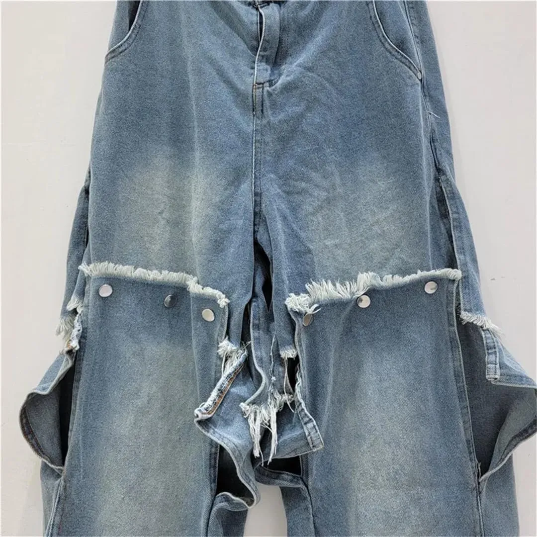 Women's Jeans Detachable Button Splicing Split High Waist Straight Wide Leg Denim Pants