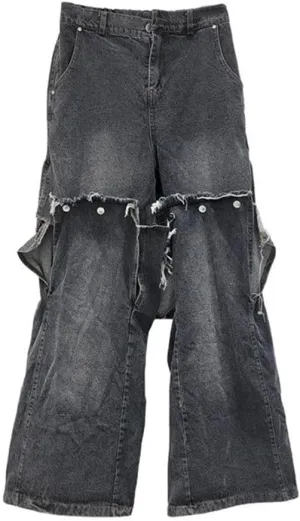Women's Jeans Detachable Button Splicing Split High Waist Straight Wide Leg Denim Pants